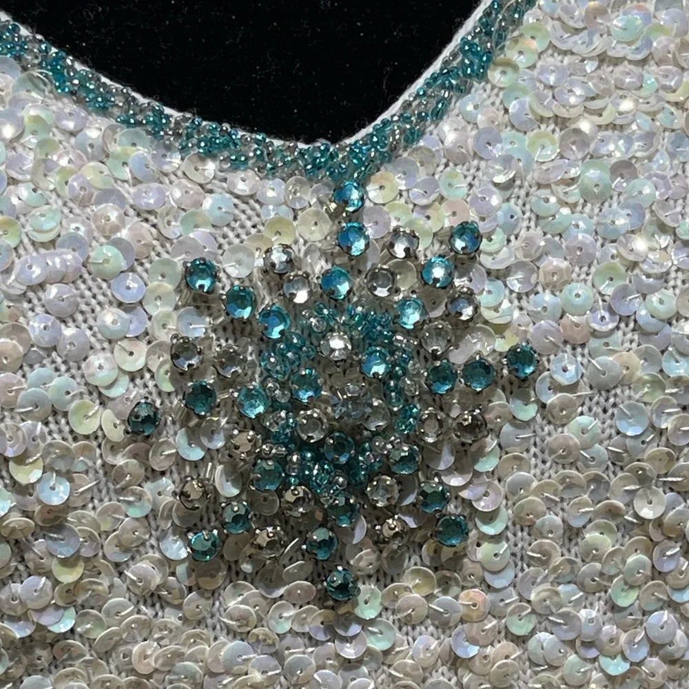 Vintage Gene Shelly’s Boutique White Sequin Blue Bead Rhinestone Mini Dress - Picture 7 of 15